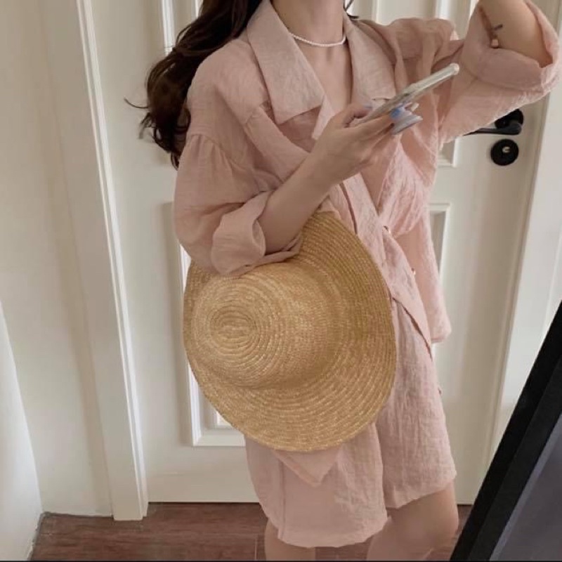 Set áo sơ mi tay dài đũi trơn hồng và quần short ngắn nữ đi biển - Order taobao quảng châu