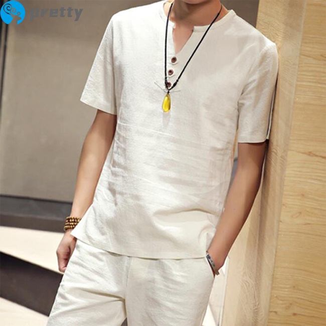 Jazeel Men T-shirt Cotton And Linen Solid Color Cotton V-neck Short-sleeve T-shirt