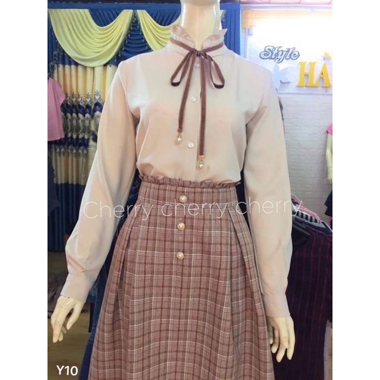Sét đồ công sở cổ nơ váy kẻ Y10