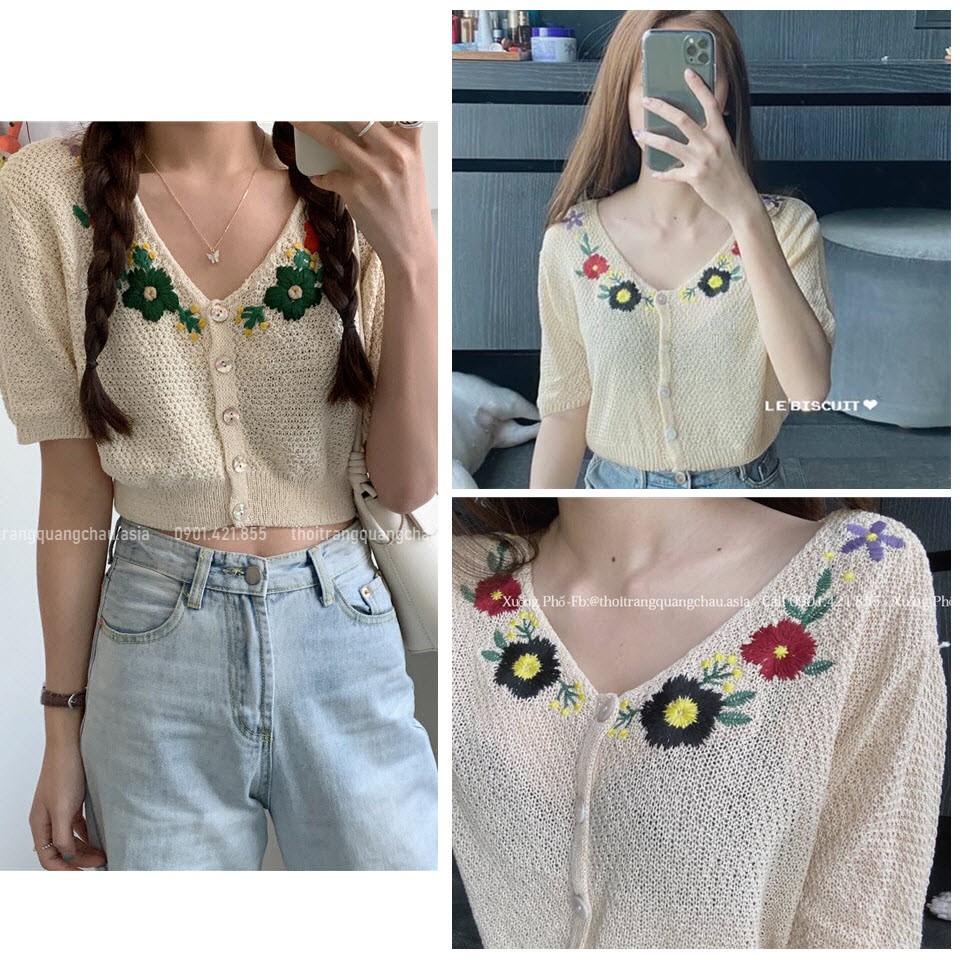 [Hàng Nhập]  Áo Crop top Len Đi Biển Mùa Hè Thêu Hoa #OLOME2