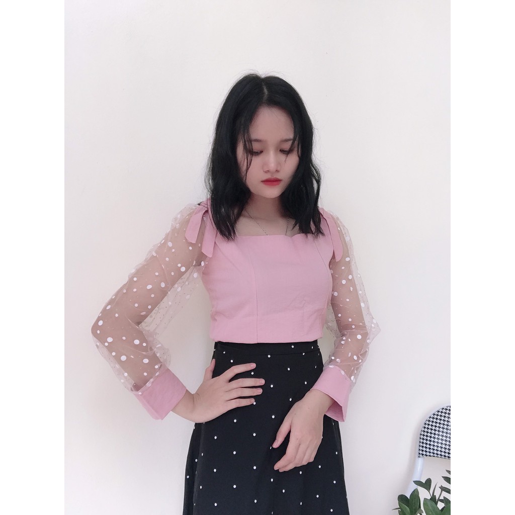 Áo kiểu cổ vuông phối tay ren chấm bi,đính nơ xinh xắn MSA3 cho bạn nữ ( ảnh thật)