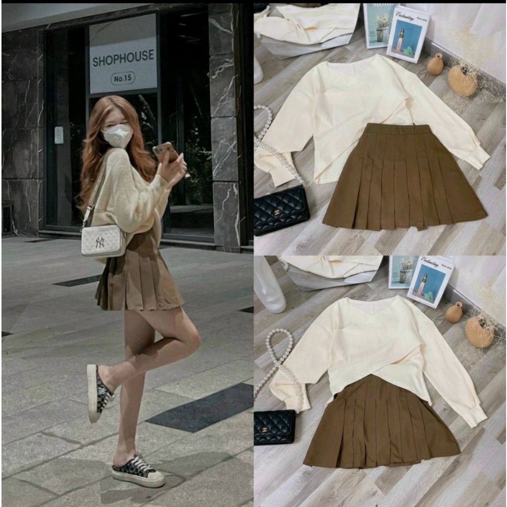 Set áo vạt chéo bo tăm phối chân váy tennis 🦋 set áo đắp chéo bo tăm kèm chân váy xếp ly