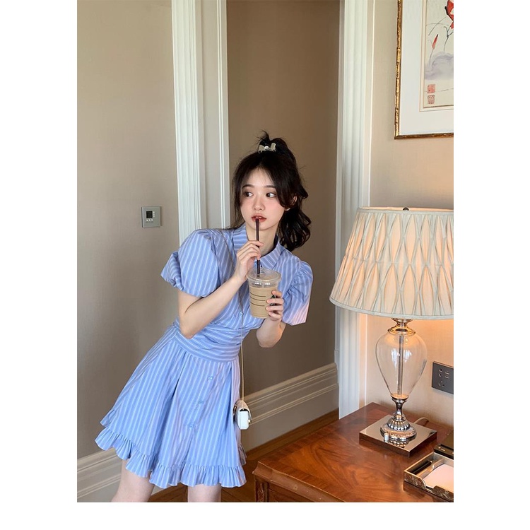 Đầm sơ mi tay phồng phong cách retro nữ tính