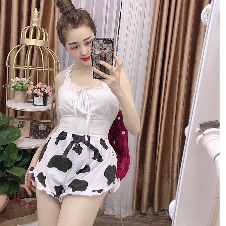 Đồ Ngủ Bò Sữa 2 dây chất thun mịn mặc ngủ thoải mái Dưới 55kg - Linqu Sleepwear