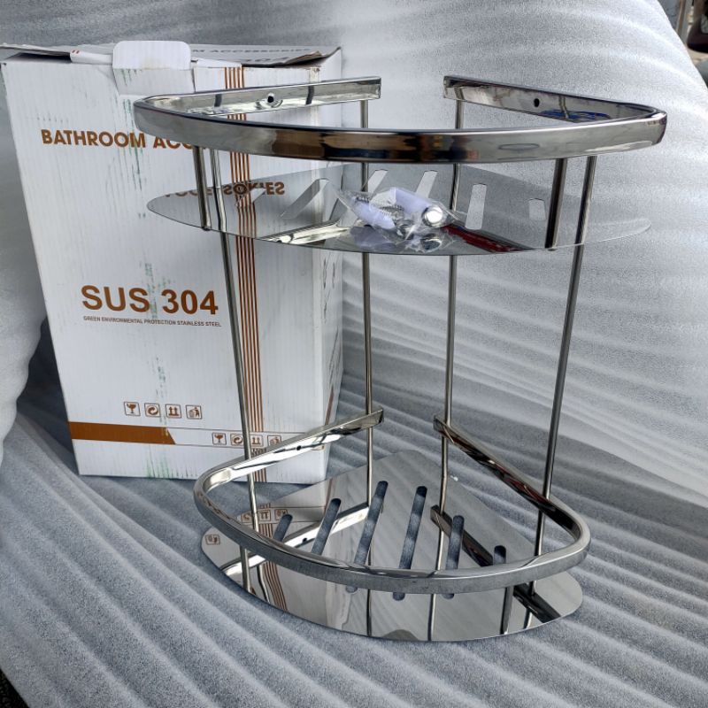 Kệ Góc 2 Tầng Inox 304 sáng bóng, tặng kèm vít inox, kệ góc nhà tắm, nhà vệ sinh, kệ bếp dày dặn tiện lợi - Việt Hường