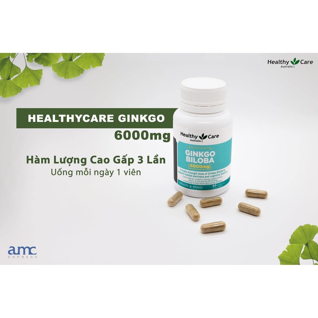 Viên uống bổ não Ginkgo Biloba Healthy Care 6000mg mẫu mới 60 viên của Úc Giúp cải thiện trí nhớ