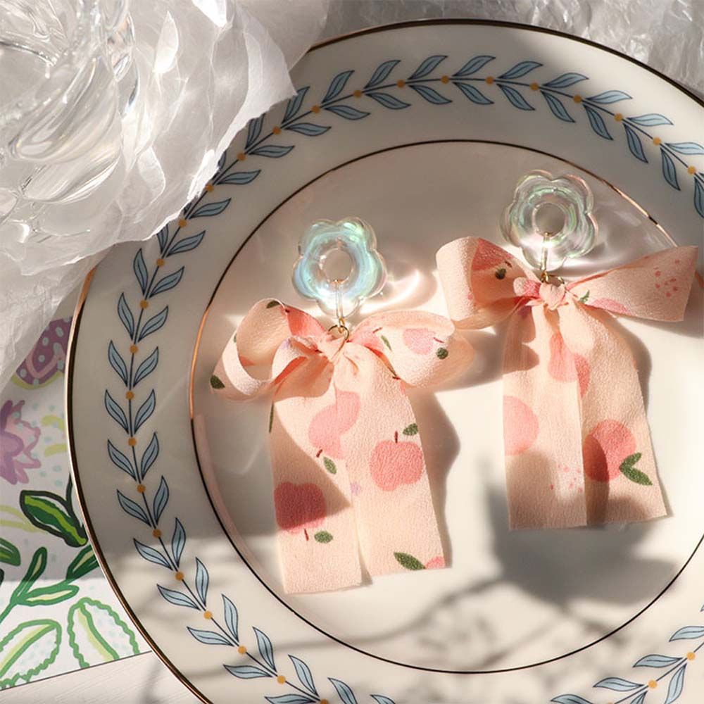 Hoa tai dáng dài hình bông hoa phối ruy băng voan nhiều màu thời trang cho nữ