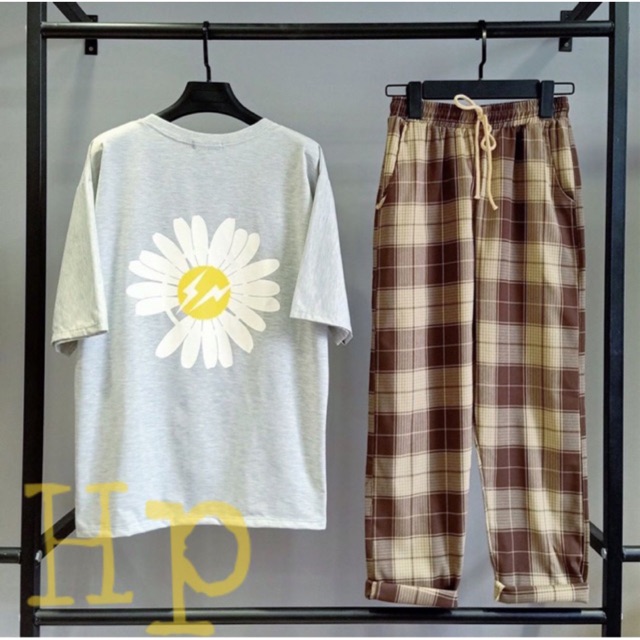 BST Sét áo hoa cúc trắng+ quần kẻ karo THB863 siêu đẹp