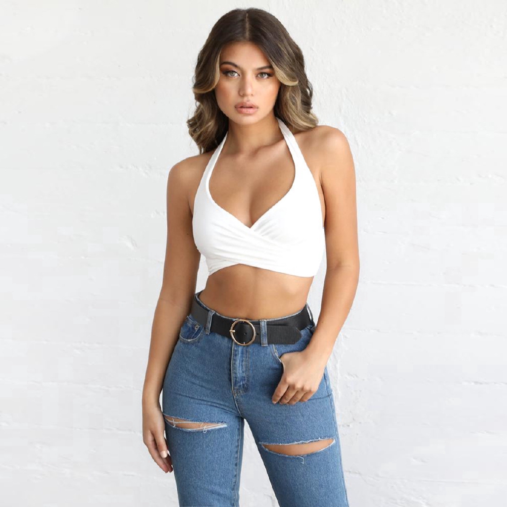 Sexy Crop Crop Top Cross Halter Lace Up Slim Sportwear Tank
