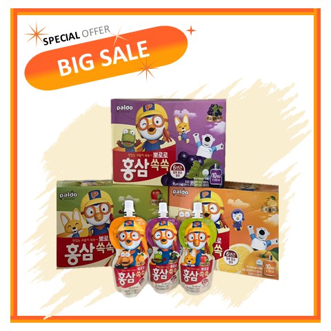 Nước hồng sâm vị hoa quả Pororo Hàn Quốc hộp 10 túi x 100ml