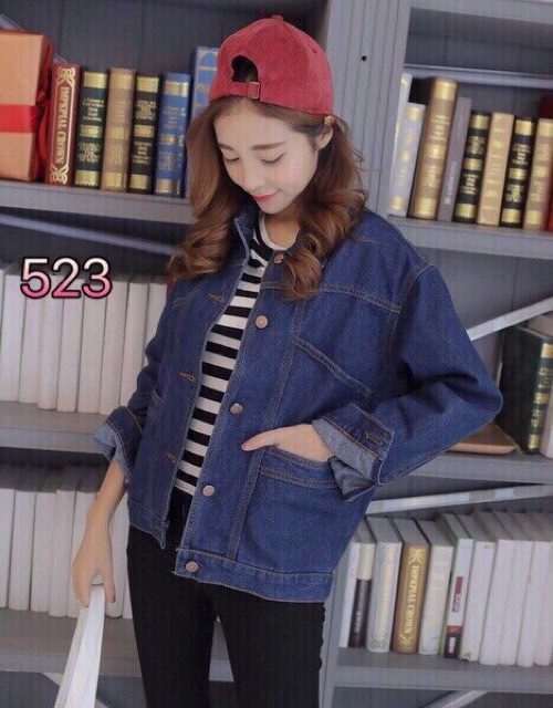 Áo Khoác Jeans Nữ 4 Túi Form Rộng màu xanh, áo khoác bò nữ dáng rộng