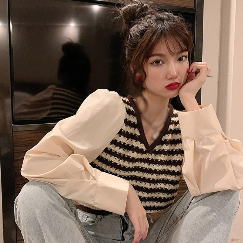 Áo Cotton Dệt Kim Tay Dài Cổ Chữ V Xinh Xắn Chất Lượng Dành Cho Nữ