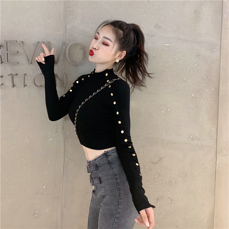 Áo Thun Lửng Tay Dài Dáng Ôm Thiết Kế Mới Quyến Rũ Cho Nữ