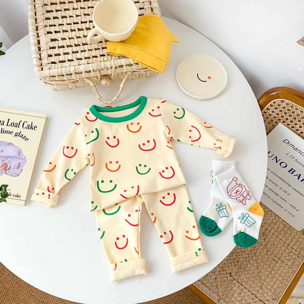 Bộ quần áo mặc nhà dài tay họa tiết mặt cười đáng yêu cho bé 1-3 tuổi