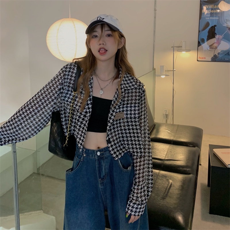 Thin section houndstooth long-sleeved shirt sun protection shirt cropped top