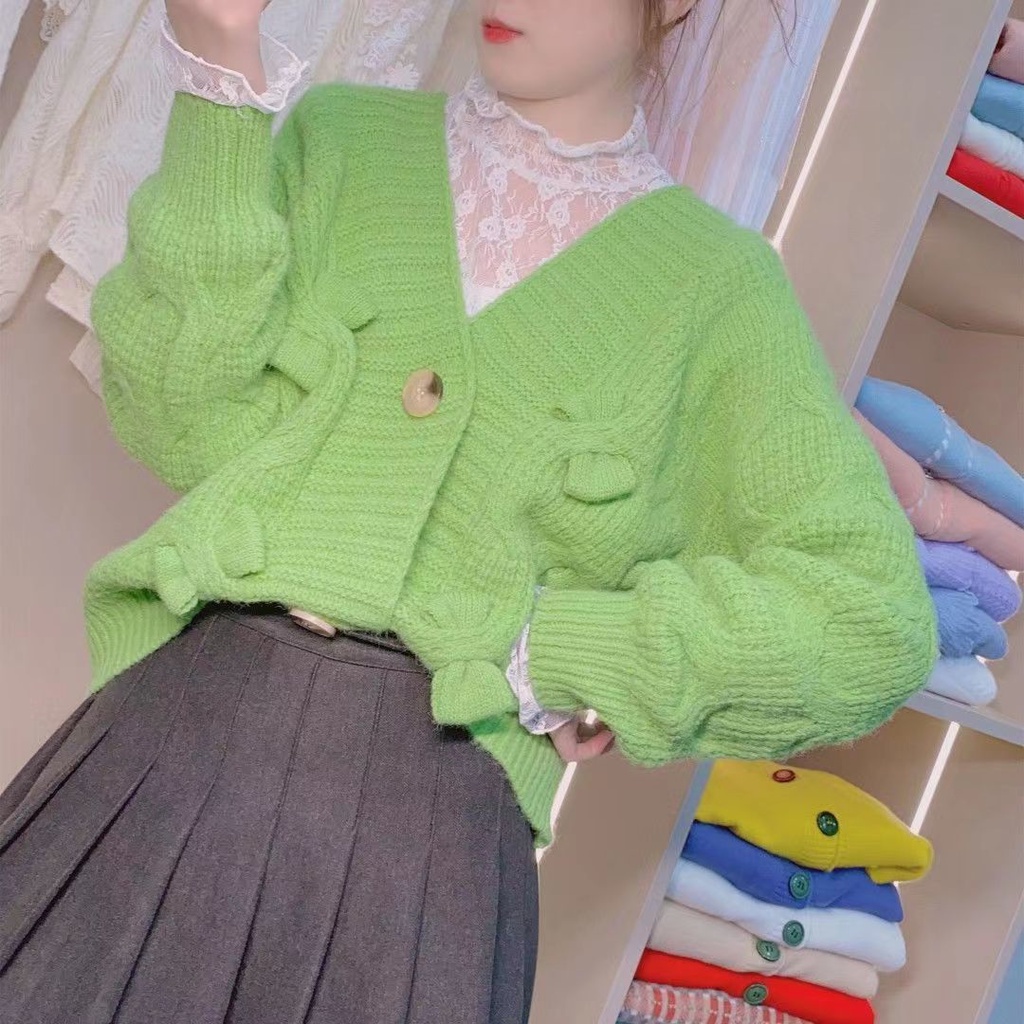 Áo Sweater Dệt Kim Dáng Rộng Đính Nơ Thời Trang Mùa Thu Hàn Quốc Mới