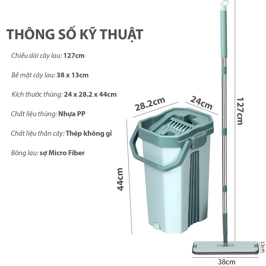 Bộ cây lau nhà tự vắt tách nước bẩn thông minh Daba, cây lau nhà cao cấp size lớn 38cm kèm 2 miếng bông lau