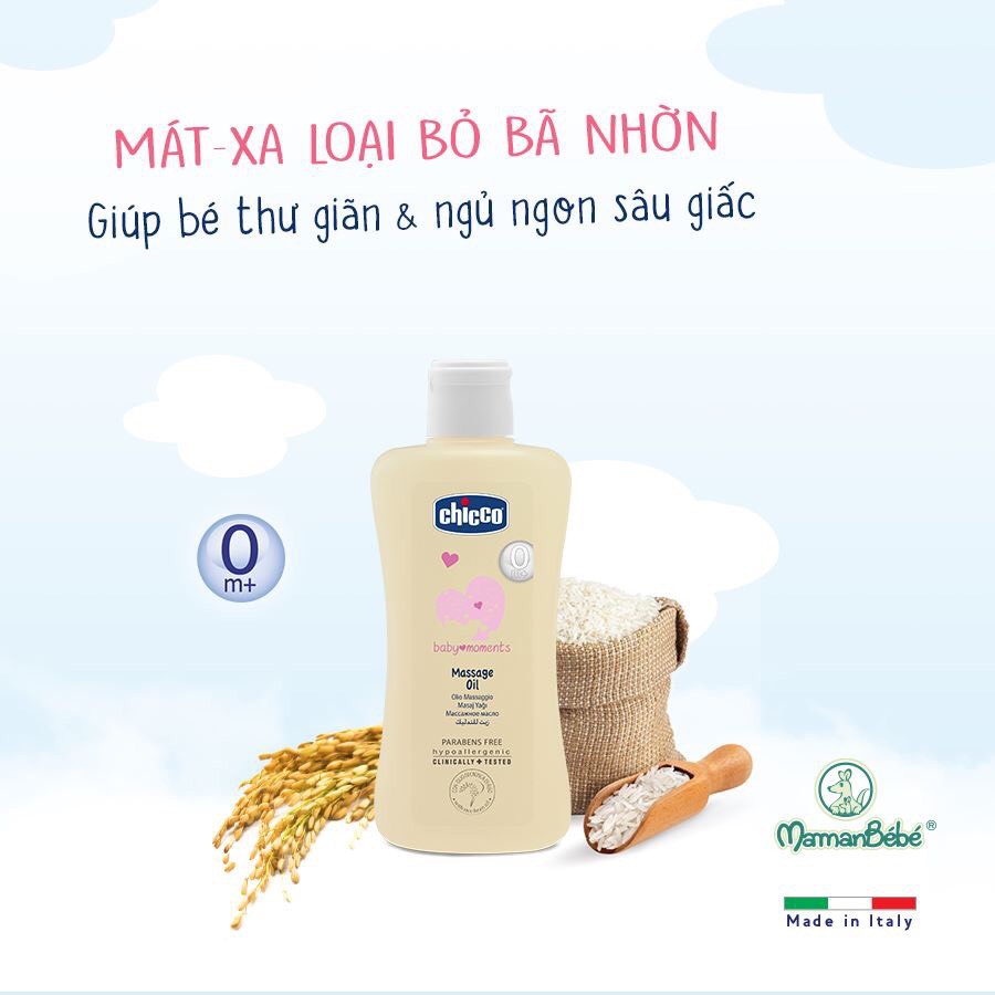 Dầu mát-xa Chicco chiết xuất cám gạo cho bé từ 0M chai 200ml