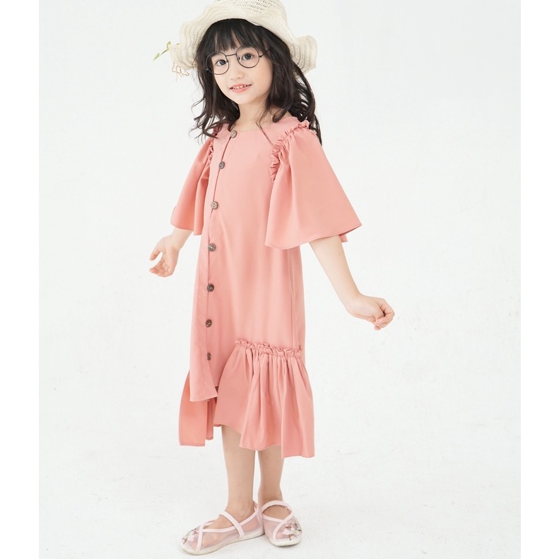 Váy đầm bé gái xòe cách điệu hè đính cúc vải trượt nhật cao cấp Sunkid KC màu đỏ, hồng size trẻ em 4-12 tuổi t