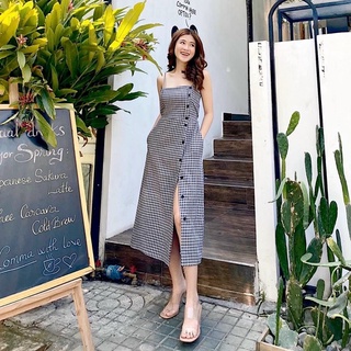 Đầm hai dây caro gài nút, váy maxi đi biển du lịch dạo phố (kèm hình thật)