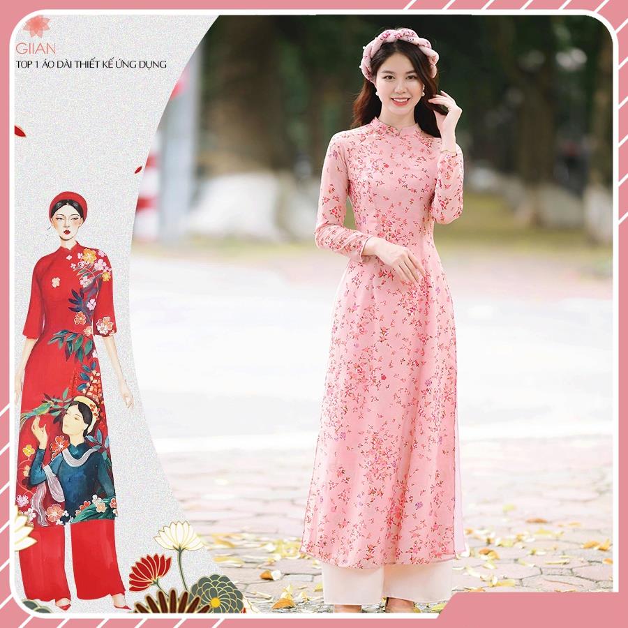 Áo dài truyền thống hoa nhí hàng thiết kế, áo dài bốn tà chất liệu tơ voan - Thời trang Giian - GAD162