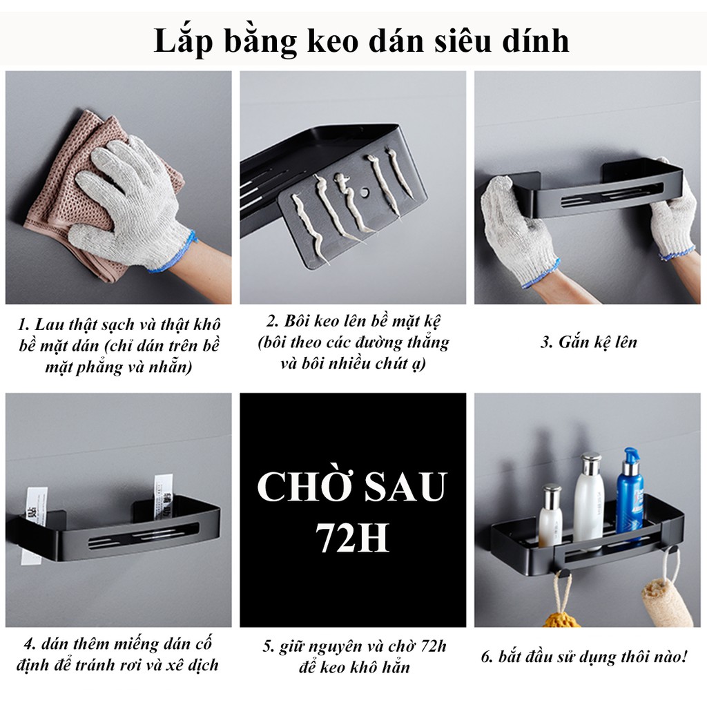 Kệ nhà tắm, kệ nhà bếp Inox 304 Anshin - kèm 2 móc treo, keo dán, đinh ốc - dán hoặc khoan tường