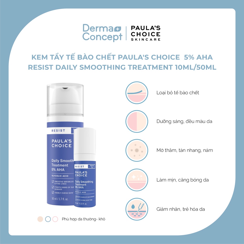 Kem tẩy da chết làm trắng sáng và đều màu da Paula's Choice 5% AHA Resist Daily Smoothing Treatment 10ml &amp; 50ml [NKCH]