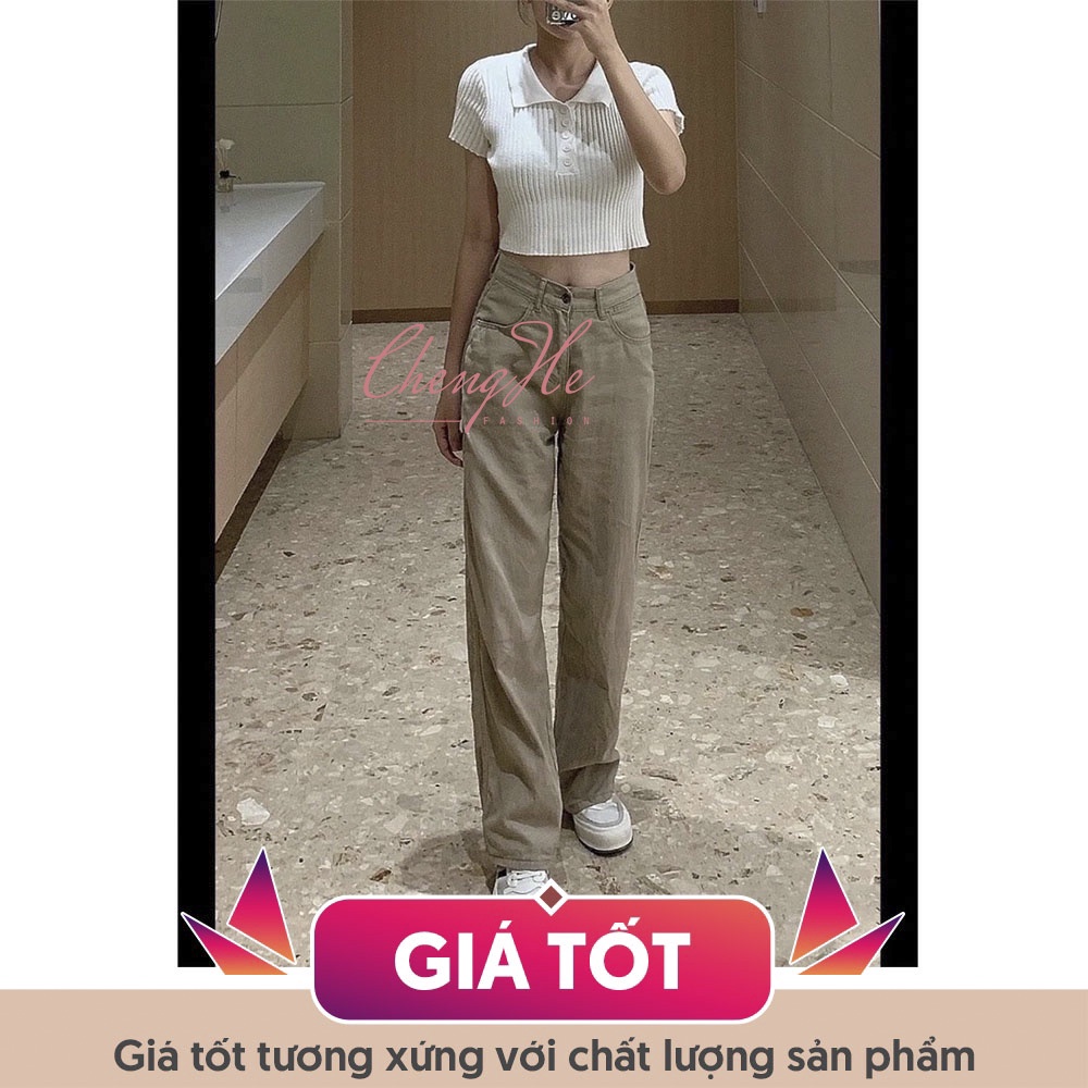 Quần bò jeans nữ cạp cao ống rộng đứng tôn dáng màu nâu phong cách cá tính Q00122