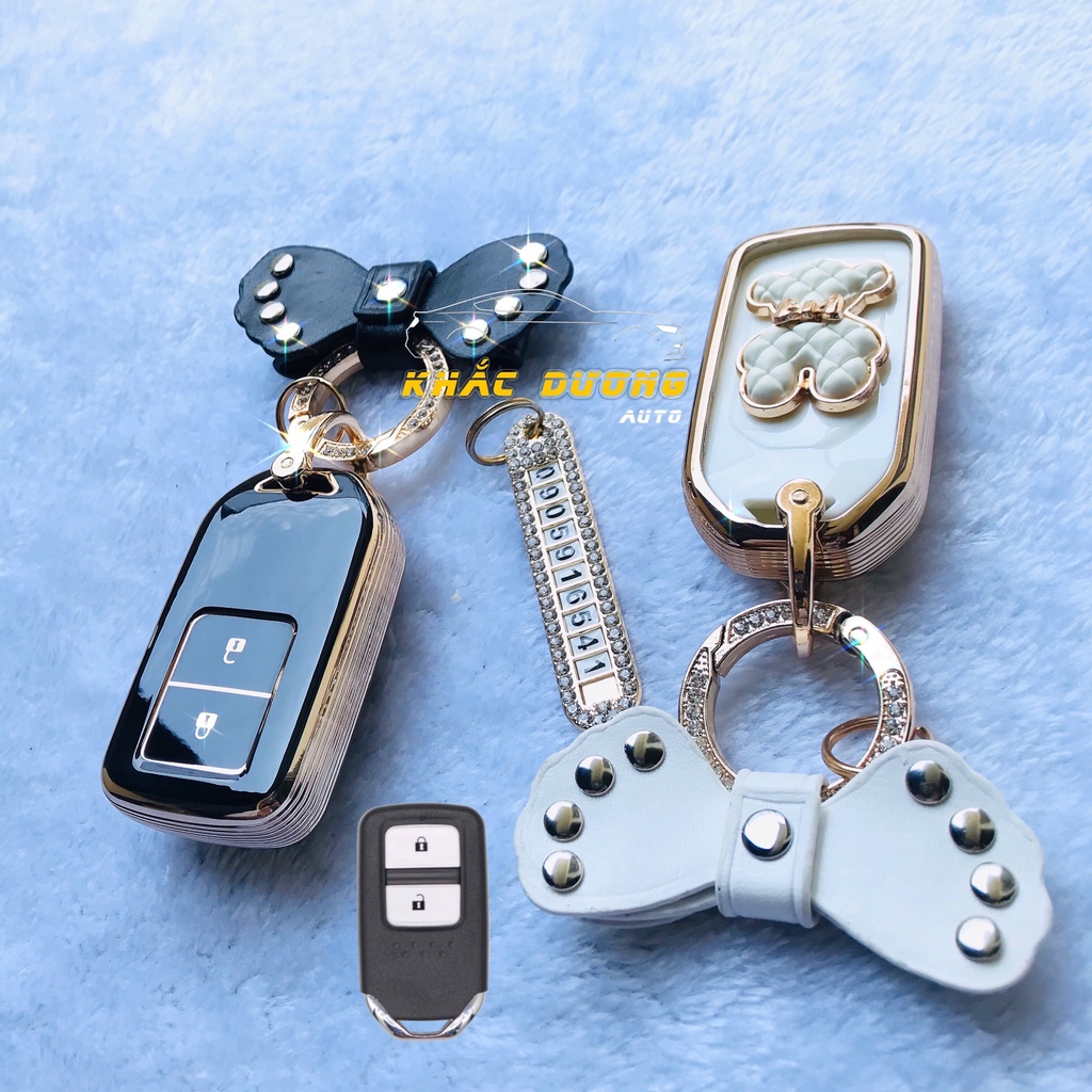 [Tặng thẻ số điện thoại] Ốp chìa khoá Honda City Civic CRV Brio Jazz HRV TPU 2 nút đính đá nhân tạo cao cấp sang trọng