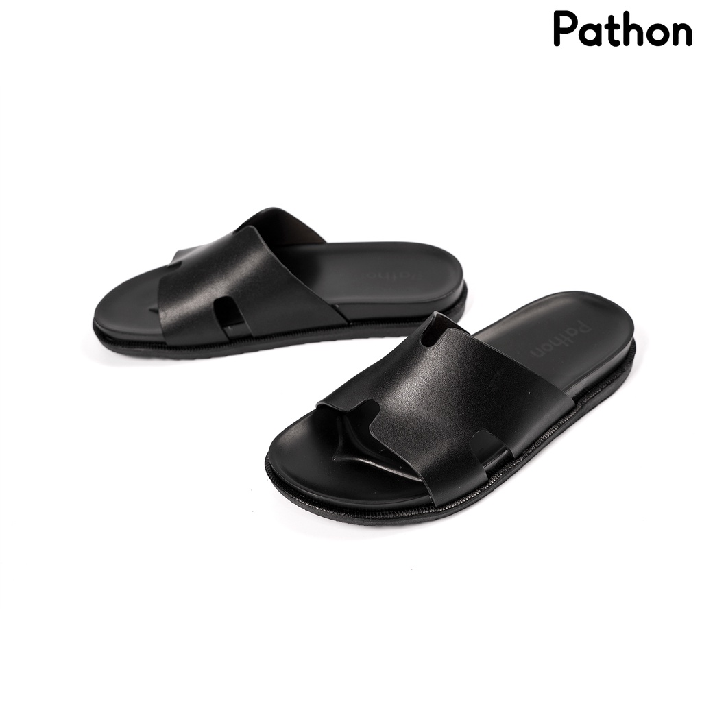 Dép nam quai ngang slipper Pathon quai Microfiber mẫu chữ H và đế 2 lớp màu đen quai đen SD02