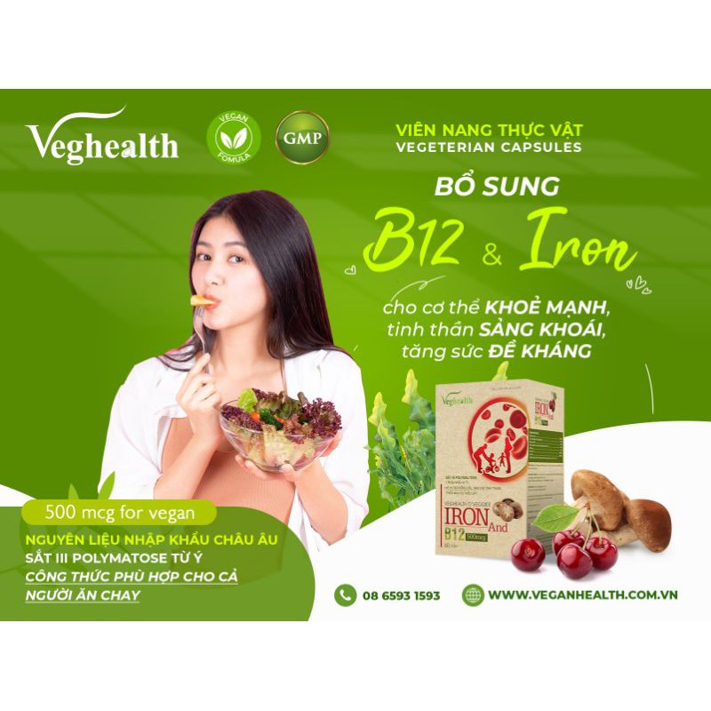 Viên Nang Thực Vật B12 Và Sắt hữu cơ VeganHealth, phù hợp cho cả người ăn chay