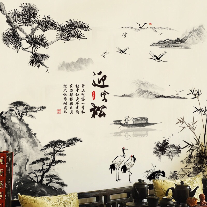 Decal dán tường sơn thuỷ cò bên bờ sông