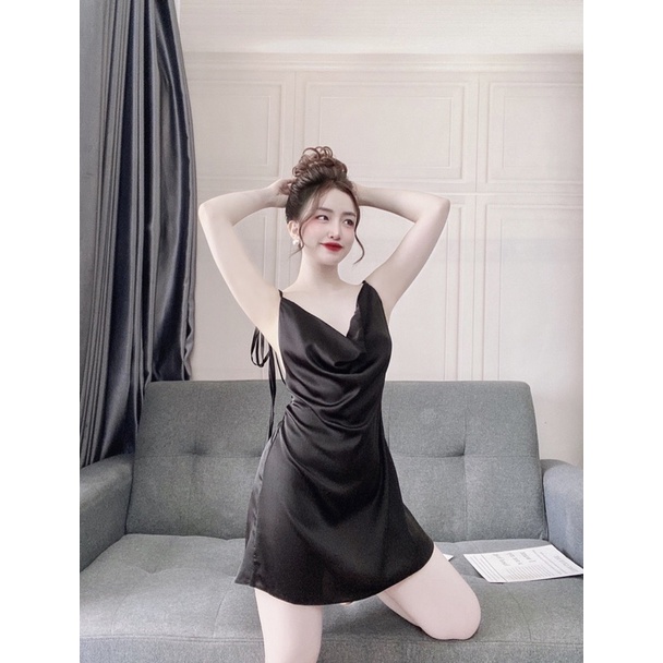 Đầm Ngủ Lụa Latin Sexy Nữ, Đồ Bộ Lụa 2 Dây Nữ, Váy Ngủ Nữ Cổ Đỗ Latin Nữ kèm Quần, Freesize &lt; 60kg
