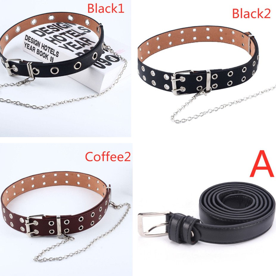 Thắt Lưng Dây Xích Đôi Bằng Da Màu Đen Phong Cách Punk Cá Tính Cho Nữ