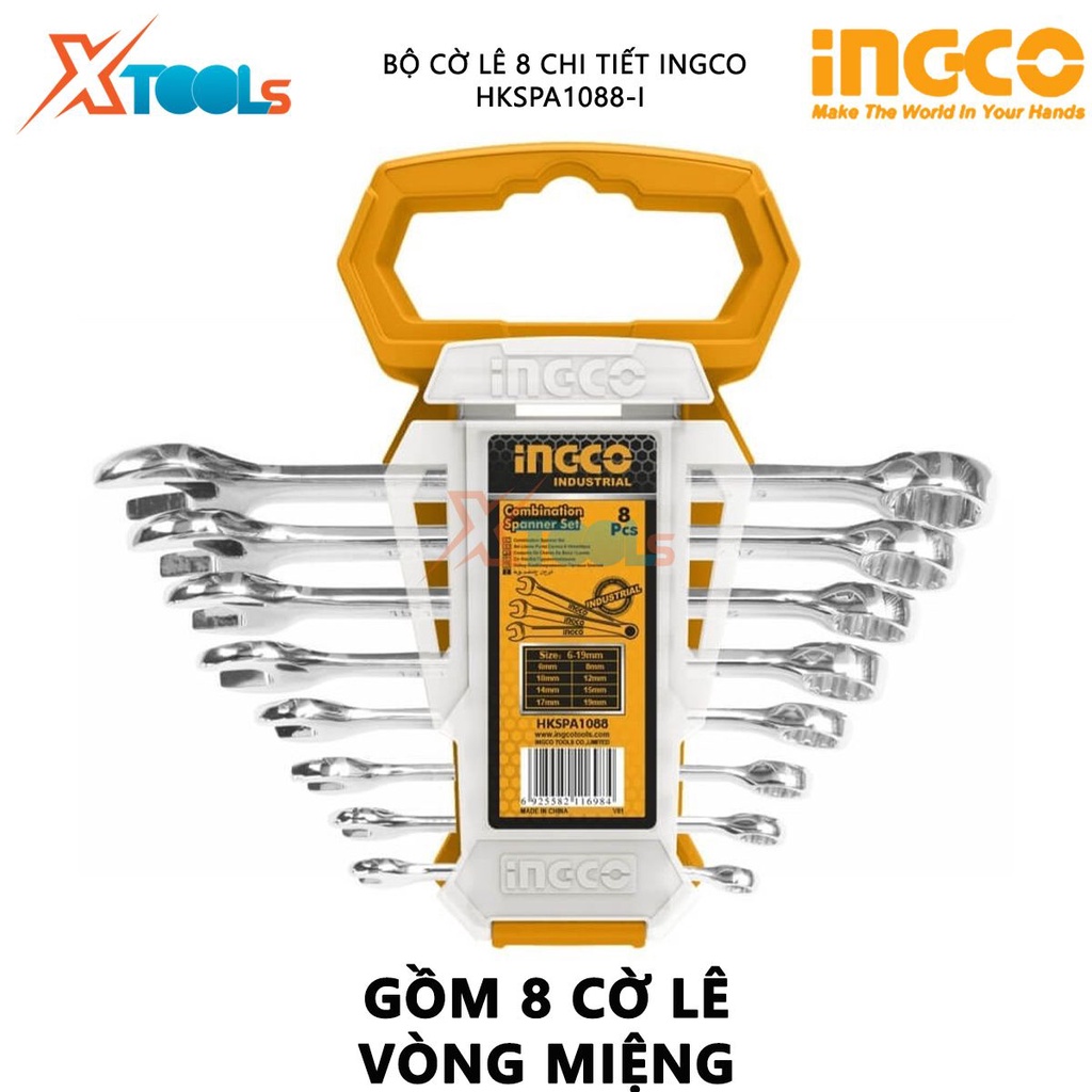 Bộ cờ lê vòng miệng 8 chi tiết INGCO HKSPA1088-I | Bộ 8 cờ lê vòng miệng kích thước 6-19mm (6mm,8mm,10mm,13mm,14mm,15mm,