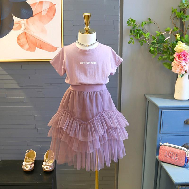 Bộ áo thun ngắn tay + chân váy lưới xòe đáng yêu cho bé gái