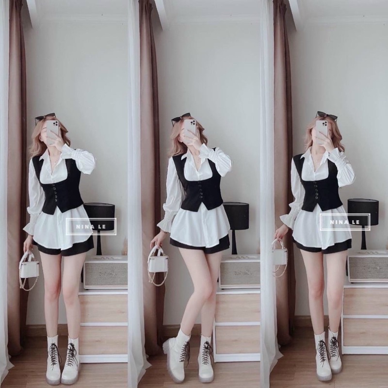 (SHOP BIGSIZE NỮ 50kg đến 90kg) Set áo sơ mi kèm áo khỉ phối cùng quần đùi