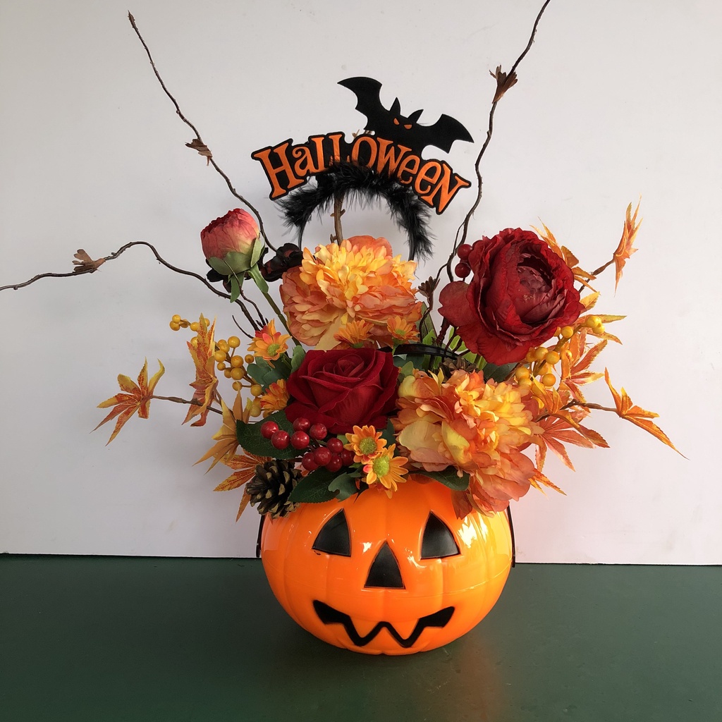 Bình hoa bí ngô decor trang trí Halloween nhiều loại hoa lụa cao cấp