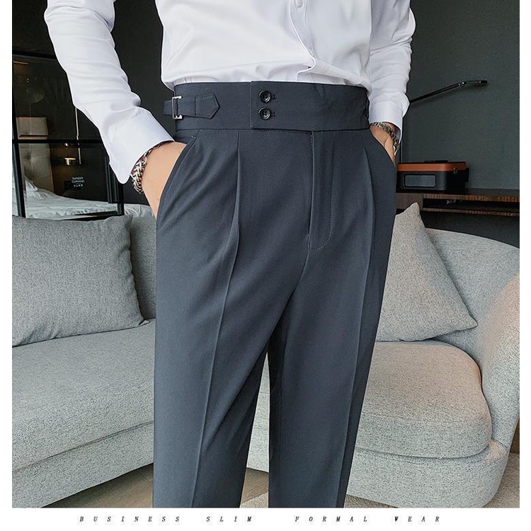 Quần Tây Nam Cạp Cao Sidetab Slimfit Suông Đen Hàn Quốc, Quần Âu Nam Lưng Cao Thời Trang VINTINO