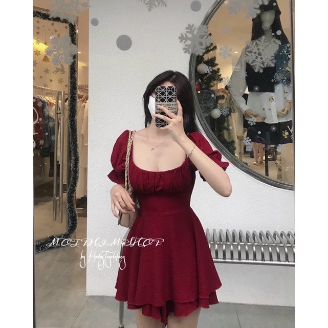 ĐẦM ĐỎ XẾP LY NGỰC THẮT DÂY EO