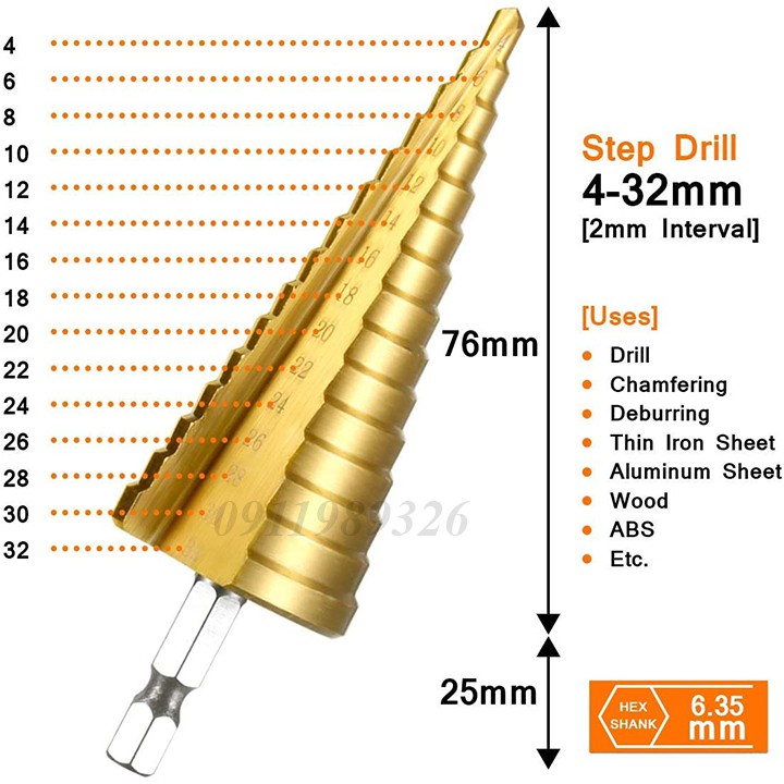 ❤️FREESHIP❤️ Mũi khoan tháp thép HSS 4241 phủ titanium chuôi lục giác - mũi khoan bước - mũi khoan tầng