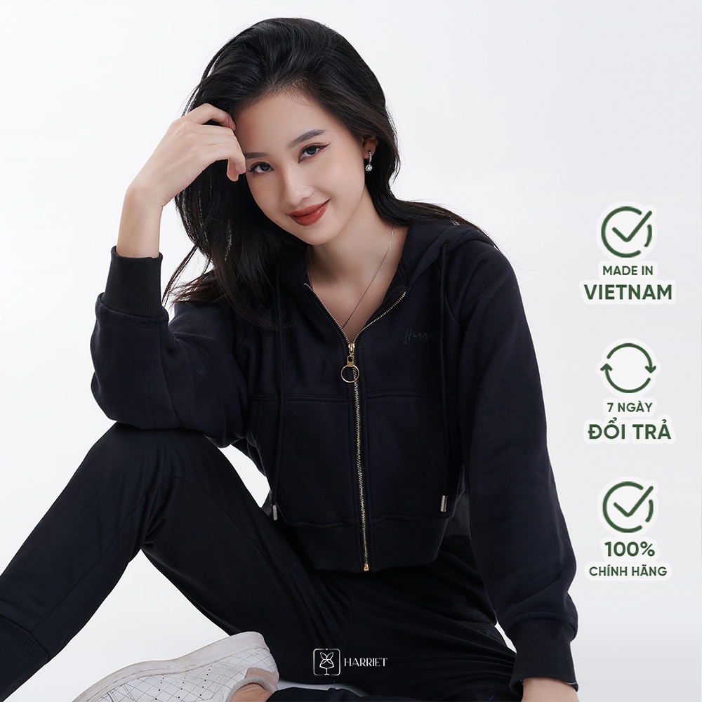 /Xả kho/ Áo hoodie nữ dáng ngắn croptop nỉ bông siêu ấm chính hãng Harriet