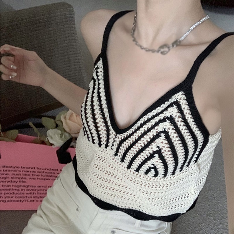 Áo Croptop Dệt Kim Không Tay Cổ Chữ V Màu Sắc Tương Phản Thời Trang Mùa Hè Dành Cho Nữ