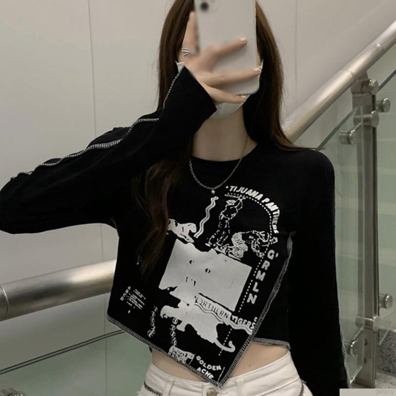 Áo thun lửng tay dài in hình cá tính cho nữ