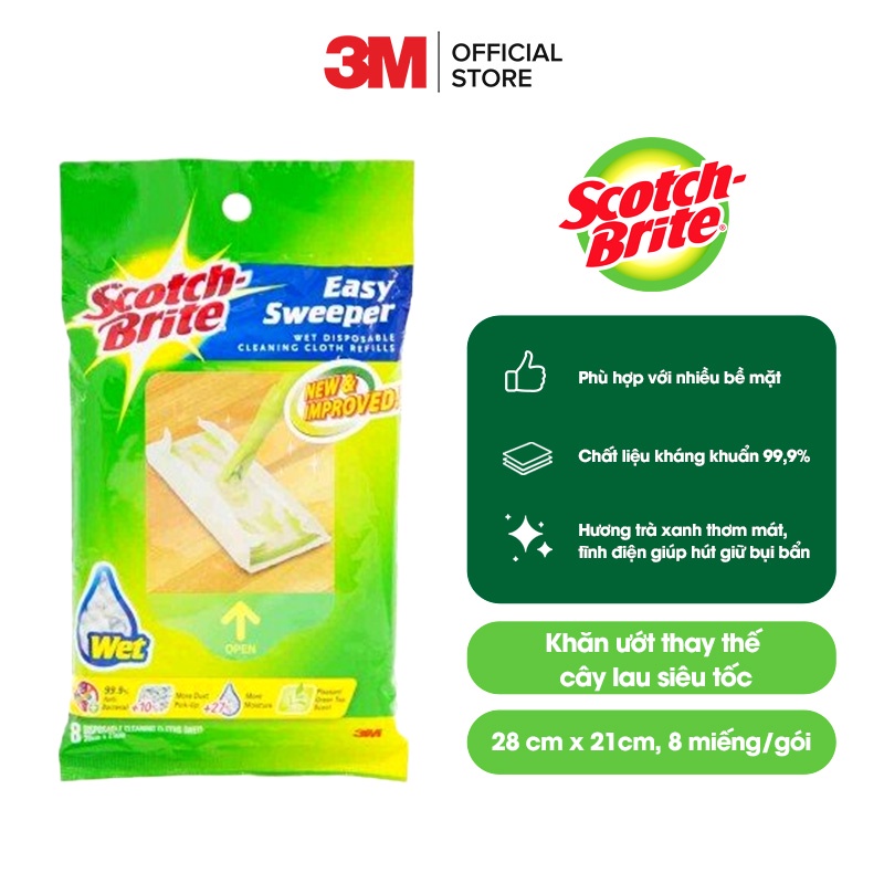 Khăn ướt thay thế cây lau siêu tốc Scotch Brite 3M, 28 cm x 21cm, 8 miếng/gói, kháng khuẩn 99,9%, hương trà xanh