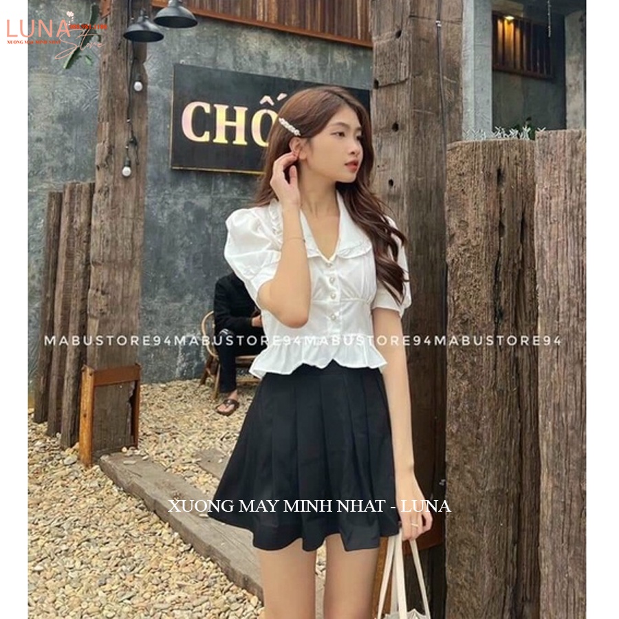 Áo sơ mi cổ sen nữ tay ngắn bồng viền bèo cộc tay - Áo sơ mi trắng cổ bèo kiểu dáng croptop vải lụa mặc đi học chơi biển
