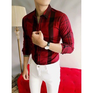 [DEAL SỐC] ÁO SƠ MI LỤA CARO NAM HAI MÀU XANH/ ĐỎ THỜI TRANG CAO CẤP