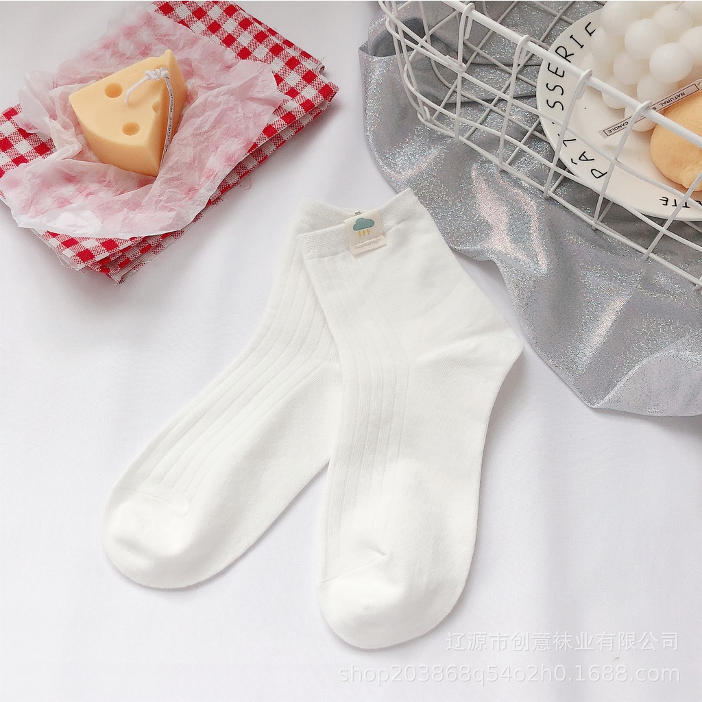 Vớ trắng nữ cổ cao Hàn Quốc Tất gân trơn cổ trung nữ Nhật Bản Cotton