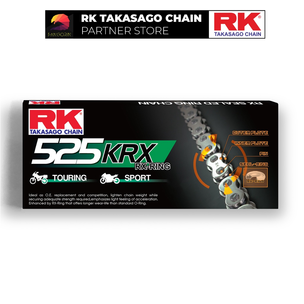 Sên xe phân khối lớn RK Takasago Chain mã BG-525-KRX, màu vàng đen, phốt cao su X-ring, kích thước 525, 120 mắc sên