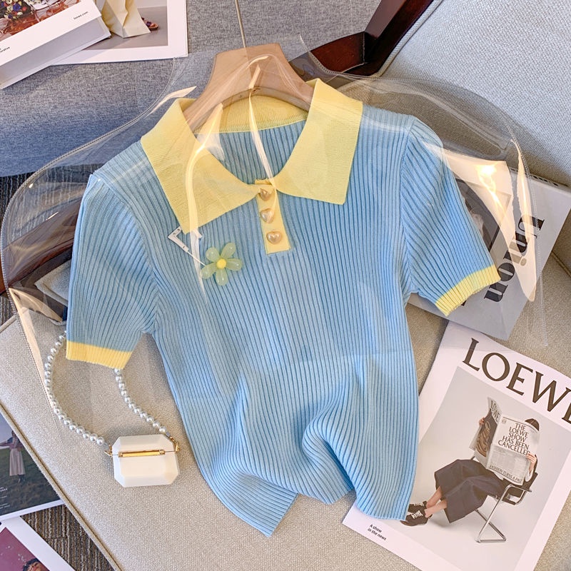 Áo polo Dệt Kim Tay Ngắn Màu Xanh Lá Thời Trang Mùa Hè Cho Nữ